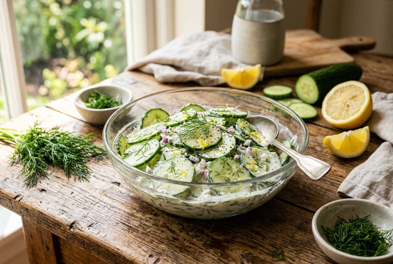 A white ceramic bowl filled with thin cucumber rounds coated in a creamy white yogurt dressing flecked with green dill, with lemon halves and fresh dill sprigs arranged around the bowl on a wooden surface.