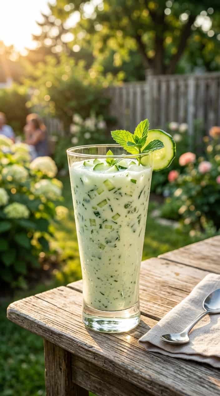 Summer Desserts That Hold Up in the Heat 15 A tall glass of cucumber-mint yogurt cooler garnished with mint and cucumber slices on a wooden table outdoors during golden hour.