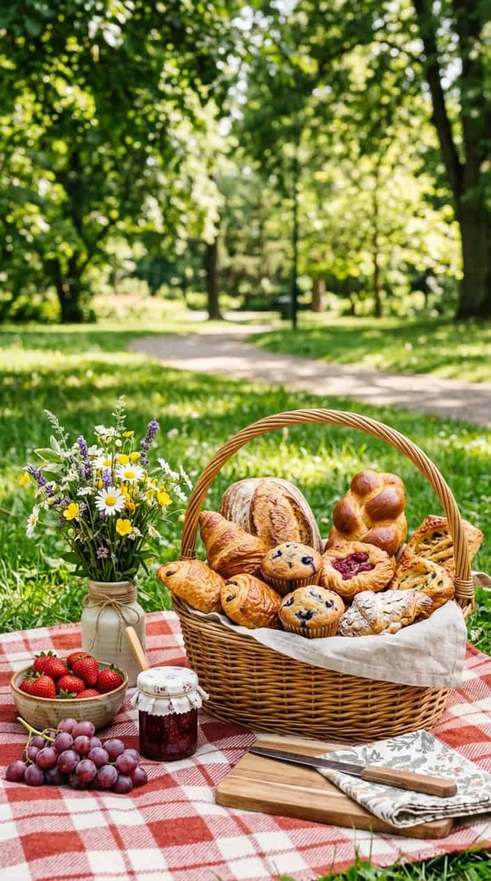 18 Birthday Gift Ideas for the Friend Whose Mom Already Bought Her Everything 8 A picnic basket filled with assorted local bakery goods placed on a checkered blanket outdoors with fresh fruits and flowers nearby.