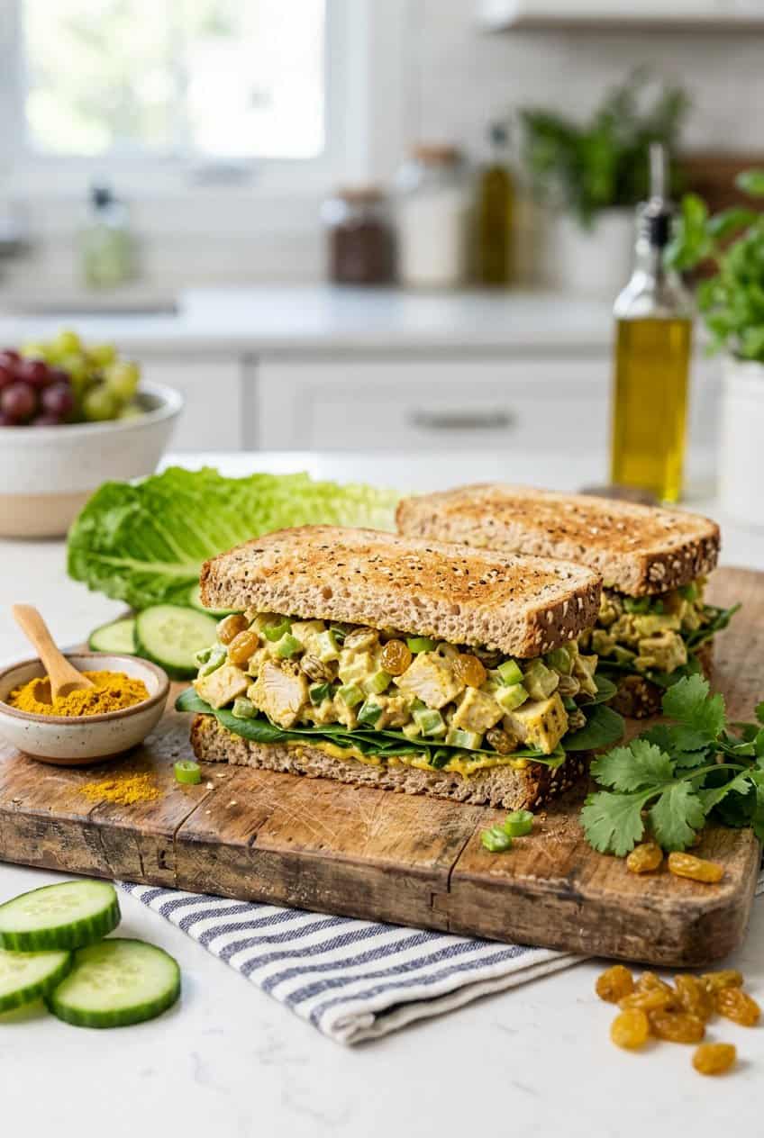A golden curry chicken salad sandwich on a soft roll, open-faced on a wooden board, with crisp green lettuce leaves and sliced cucumber scattered nearby.