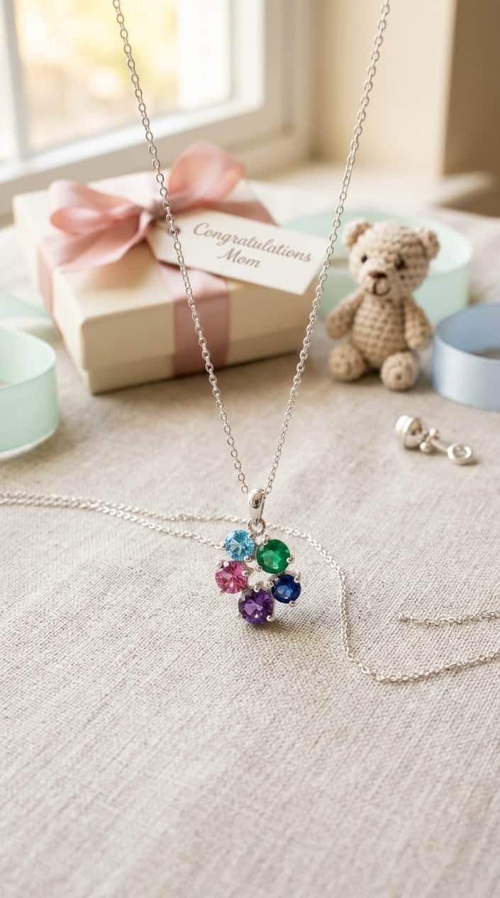 A custom birthstone necklace with colorful gemstones displayed on soft fabric alongside baby shower gift decorations.