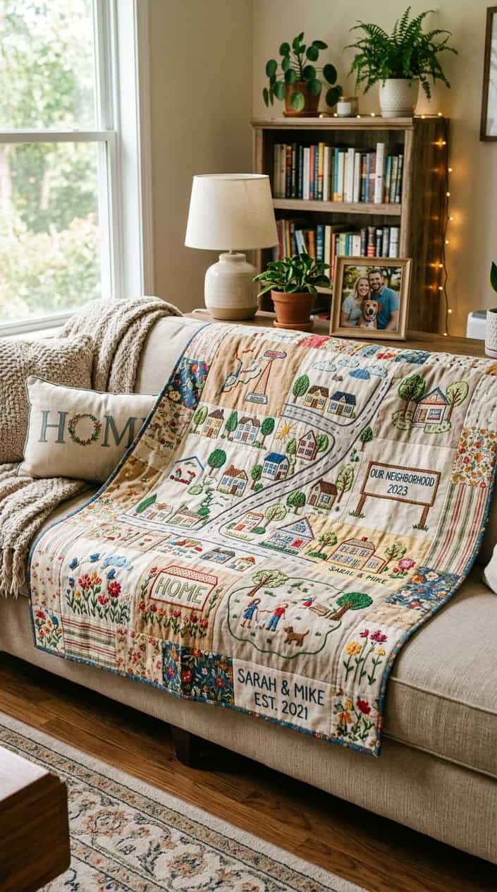 18 Birthday Gift Ideas for the Friend Whose Mom Already Bought Her Everything 11 A custom embroidered quilt with colorful patterns spread on a couch in a cozy living room.