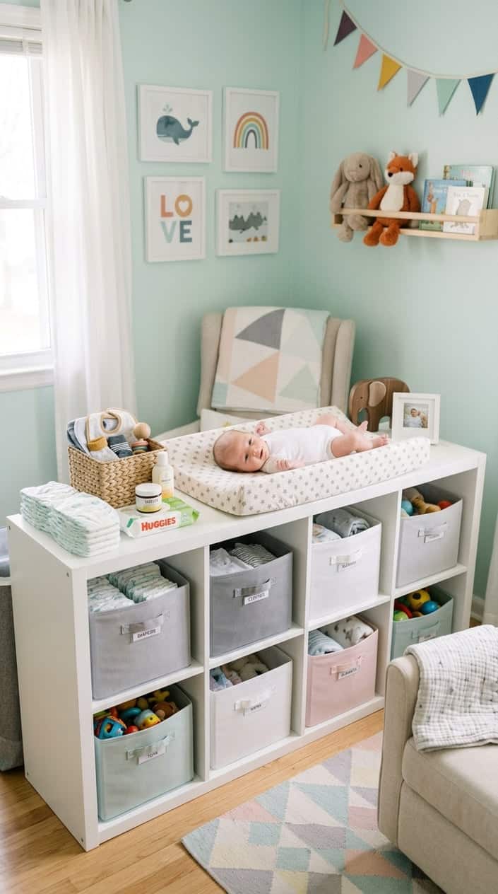A children's room with a white Kallax cube topped by a fitted changing pad and baby care items arranged neatly around it.