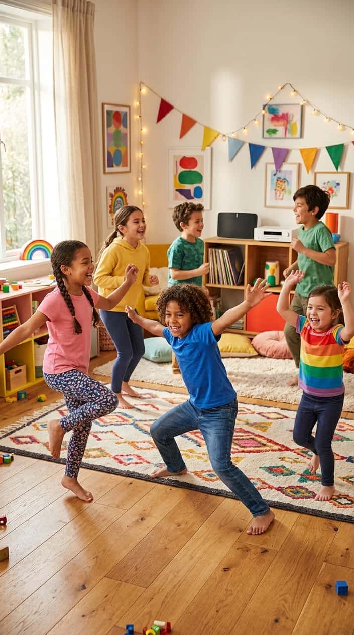 A group of children dancing and freezing in playful poses during a dance party game indoors.