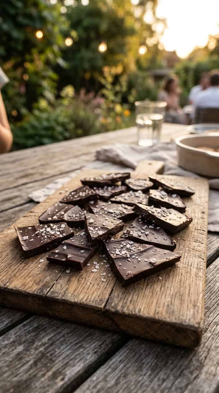 Summer Desserts That Hold Up in the Heat 19 Close-up of pieces of dark chocolate sea salt bark on a wooden board outdoors during a summer evening.