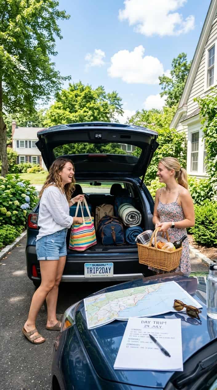 18 Birthday Gift Ideas for the Friend Whose Mom Already Bought Her Everything 10 Two young women packing a car and preparing for a day trip on a sunny day in a suburban driveway.