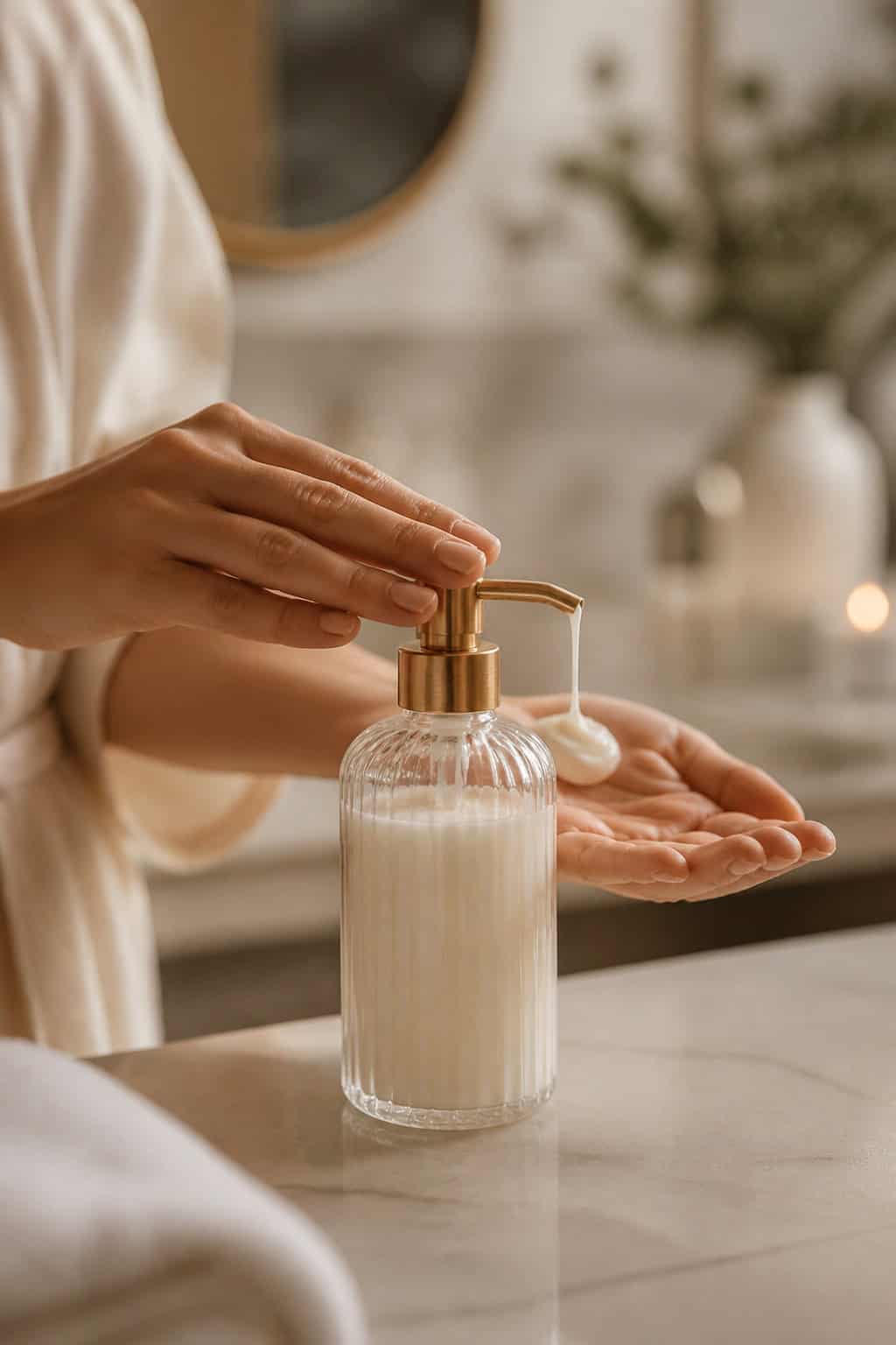 A close-up of a woman's hands applying a rich body lotion.