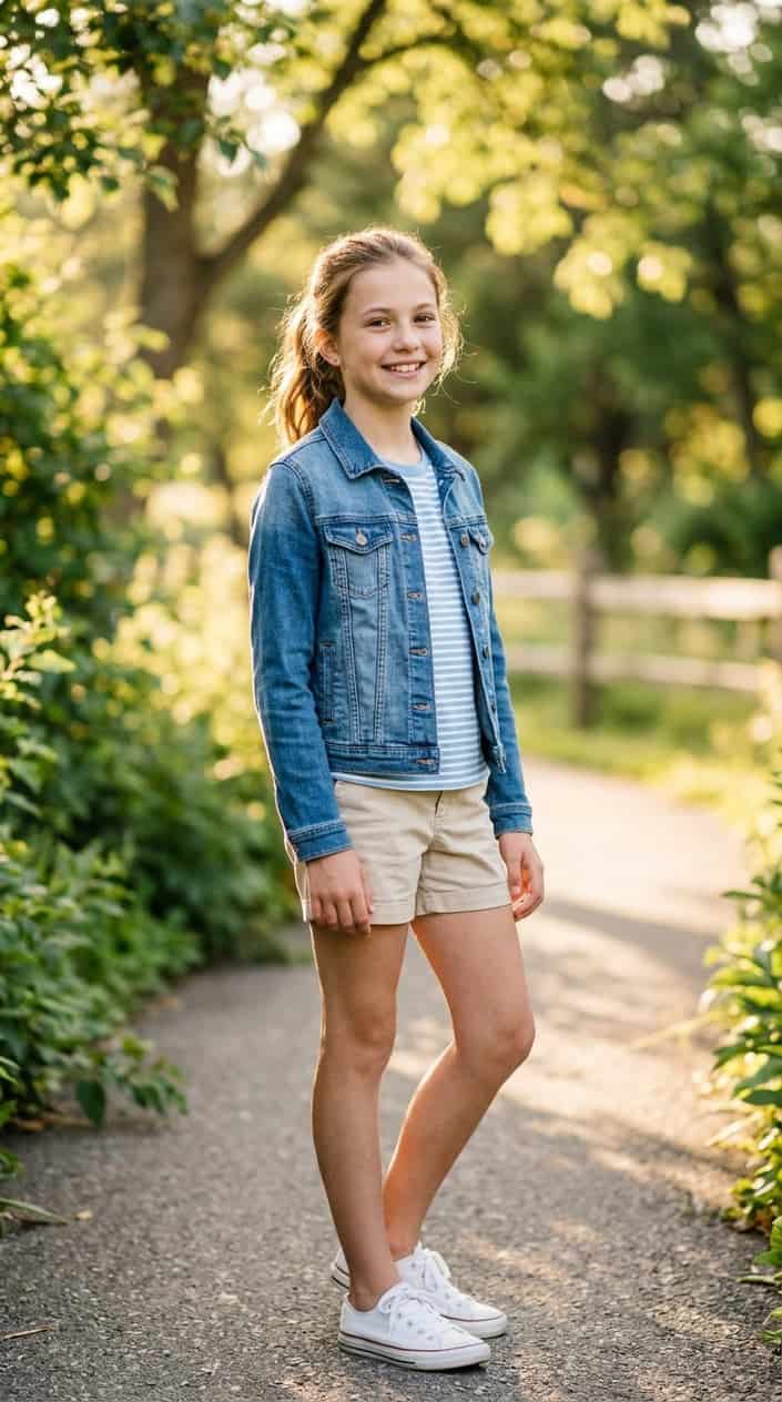 18 Tween Girl Outfits for the Summer They Outgrow Every Shirt 11 A tween girl outdoors wearing a denim jacket and summer clothes, smiling in a sunlit green setting.