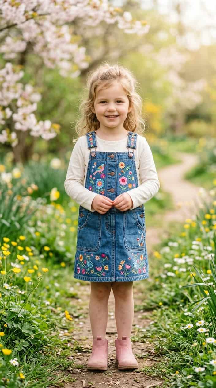 A young child standing outdoors wearing a denim jumper with colorful embroidery, smiling gently in natural light.