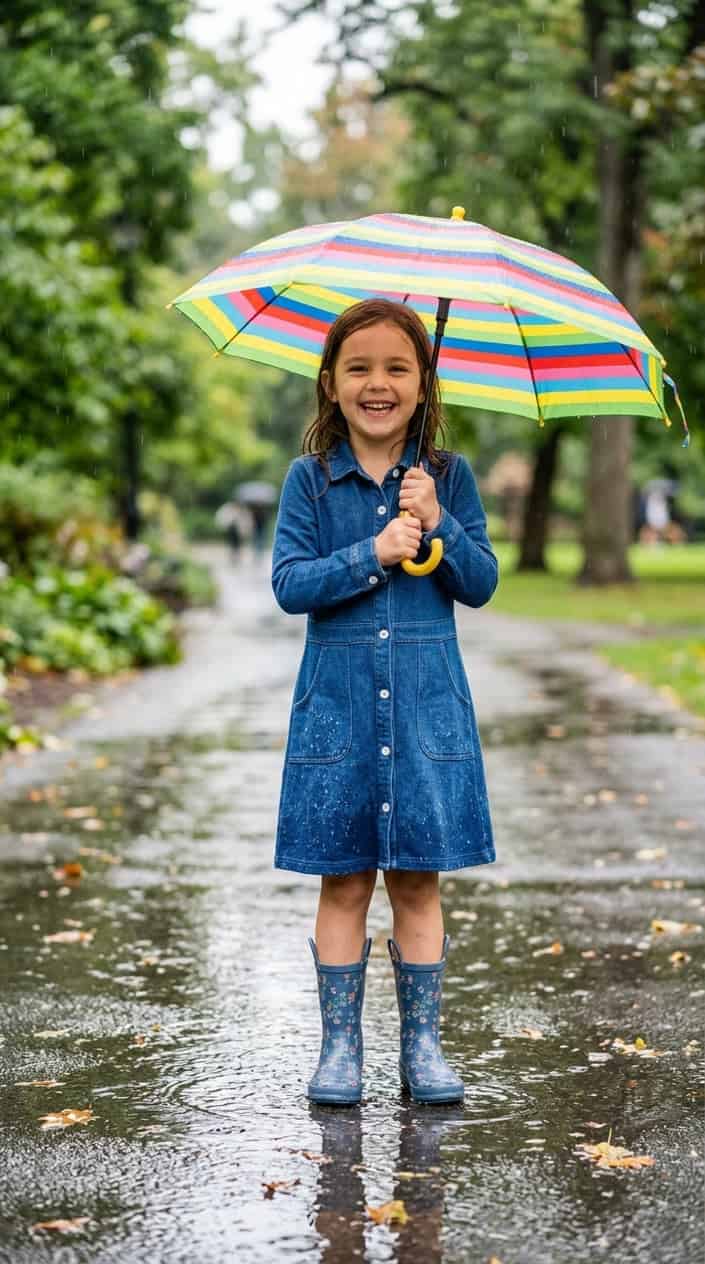 Little Girl Dress Styles for a Rainy Birthday Party 8 A young girl smiling and holding an umbrella while standing outside on a rainy day.