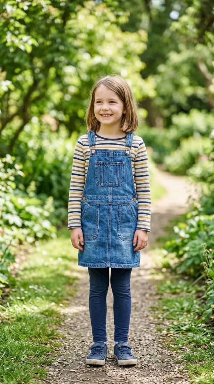 Little Girl Outfits She Won't Refuse to Wear 2 A young girl standing outdoors wearing a denim pinafore dress over a striped long-sleeve shirt.