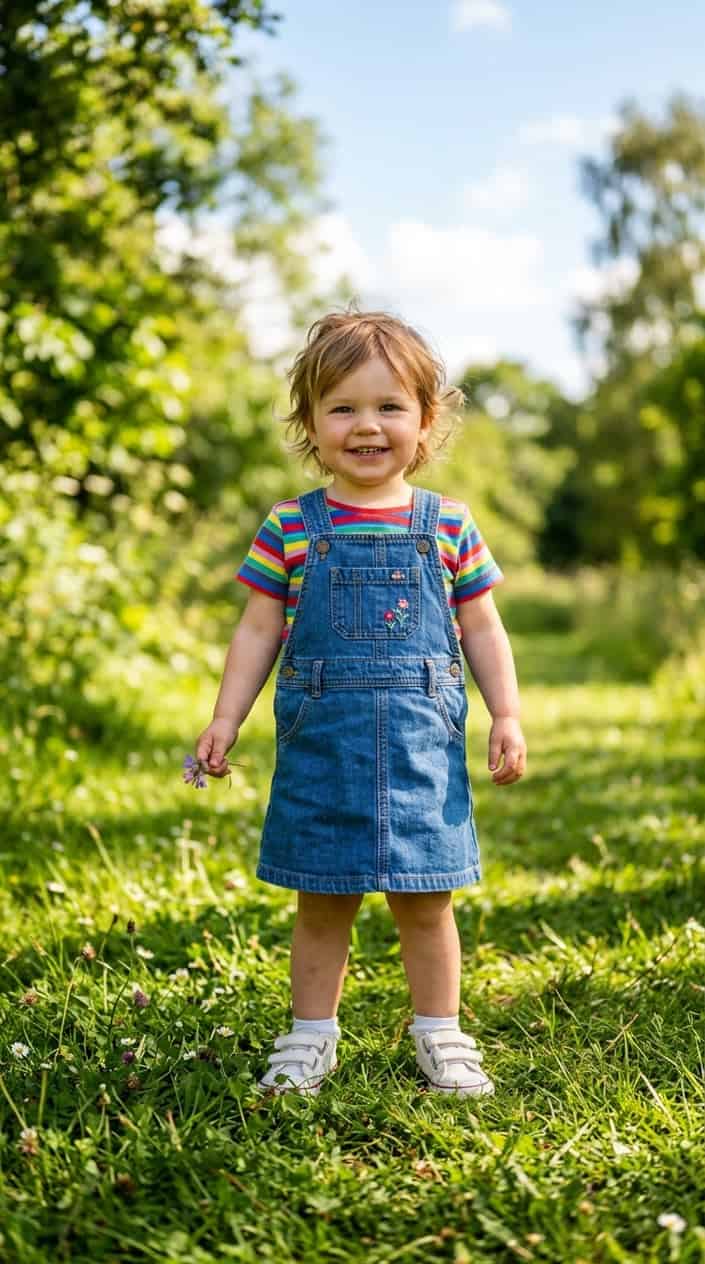 Easy Mix-and-Match Toddler Girl Summer Outfits 2 A toddler girl standing outdoors wearing a denim pinafore dress, a striped t-shirt, and white sneakers.