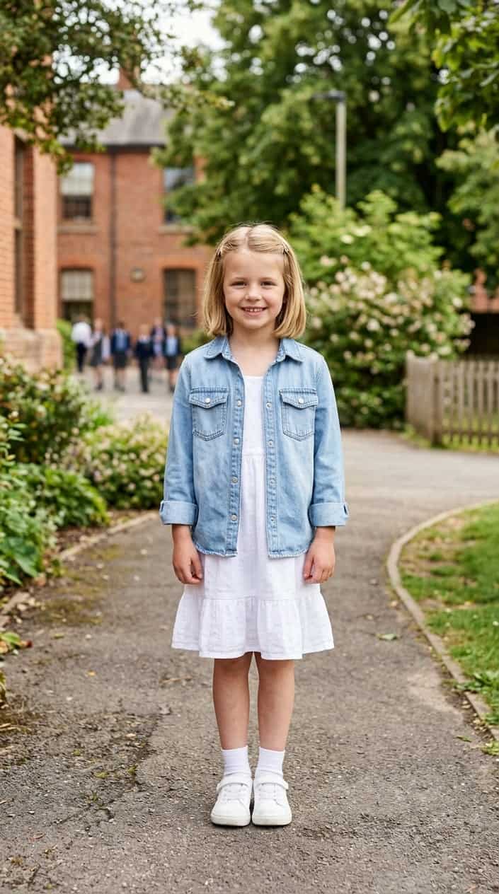 14 School Outfit Ideas for Girls Tired of the Same Three Tops 15 A young girl standing outdoors wearing a denim jacket over a white dress with a ruffle hem.