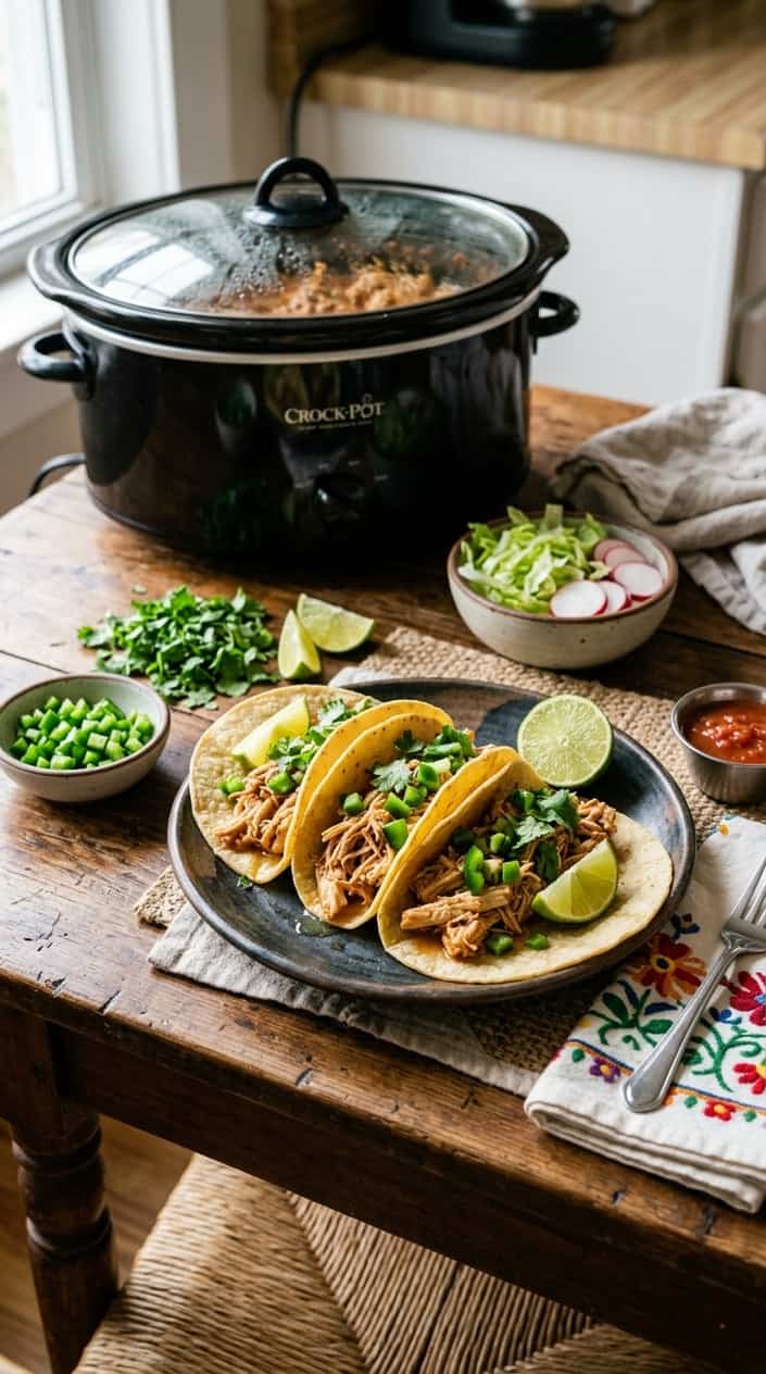 Close-up of shredded chicken tacos topped with finely diced jalapeño and a bright lime wedge on a wooden table, with a slow cooker visible behind the plate.