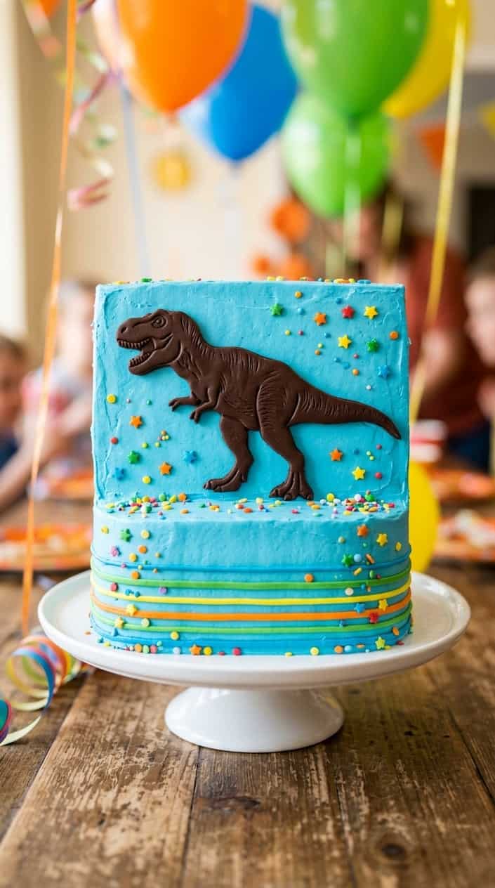 A brightly decorated kid's birthday sheet cake with a large dinosaur silhouette on top.