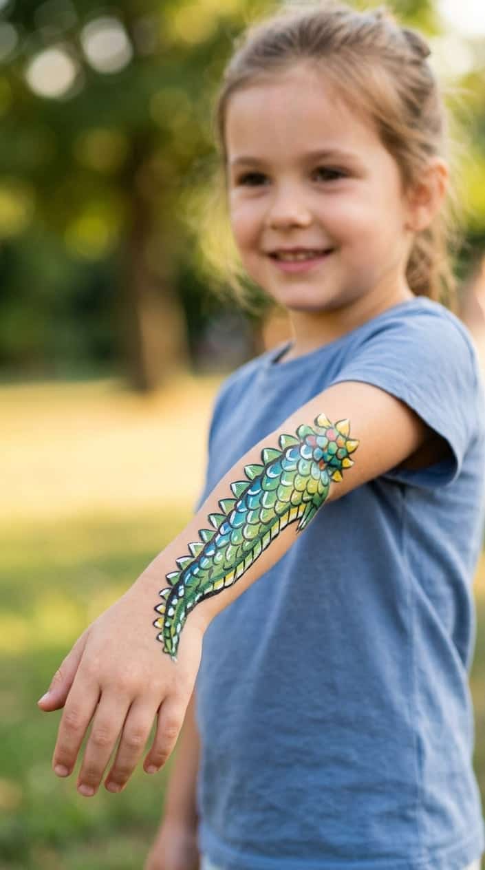 A child's arm painted with a colorful dinosaur tail tip design against a blurred background.