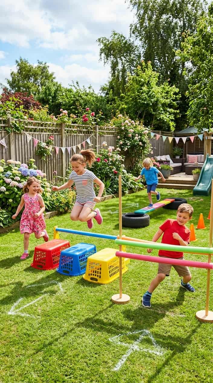 Summer Activities for Kids Beyond Going Outside 2 Children playing on a backyard obstacle course with laundry basket hurdles and a pool noodle limbo bar on a sunny day.