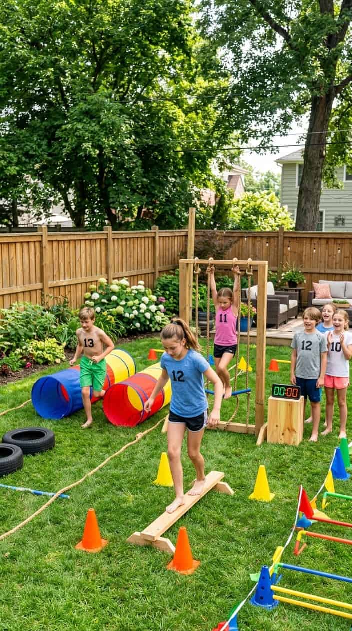 18 Kid-Friendly Outdoor Summer Activities for Tweens and Older Kids 3 Children playing on a backyard obstacle course with bright orange cones, knotted jump ropes, and a wooden balance beam on a sunny afternoon.