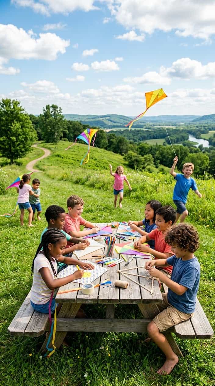 Children making and flying colorful kites on a sunny hilltop with green grass and blue sky.