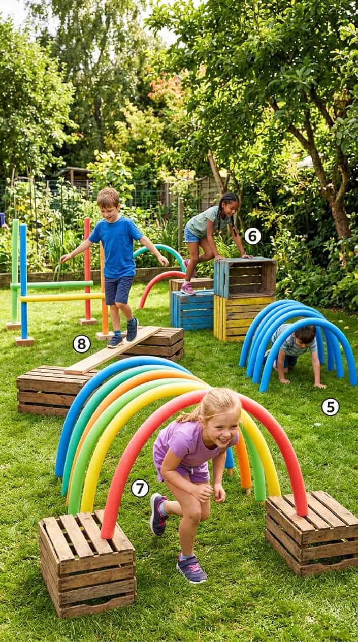 Children playing on a colorful outdoor obstacle course made from pool noodles and wooden crates in a sunny backyard.