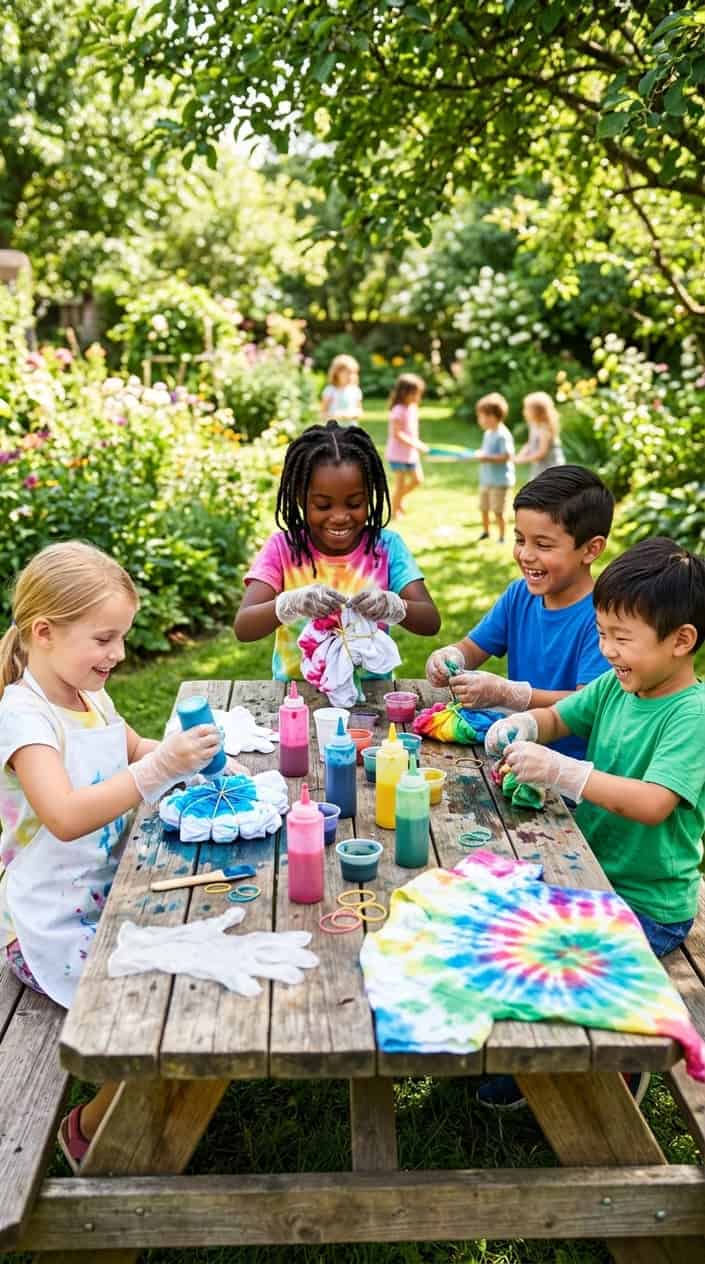 Summer Activities for Kids Beyond Going Outside 15 Children sitting around a table outdoors, making colorful tie-dye t-shirts using rubber bands and fabric dyes.