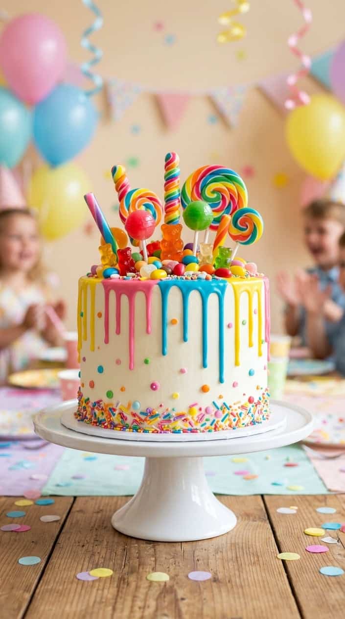 A colorful birthday cake with dripping frosting and various candy toppings on a white cake stand.