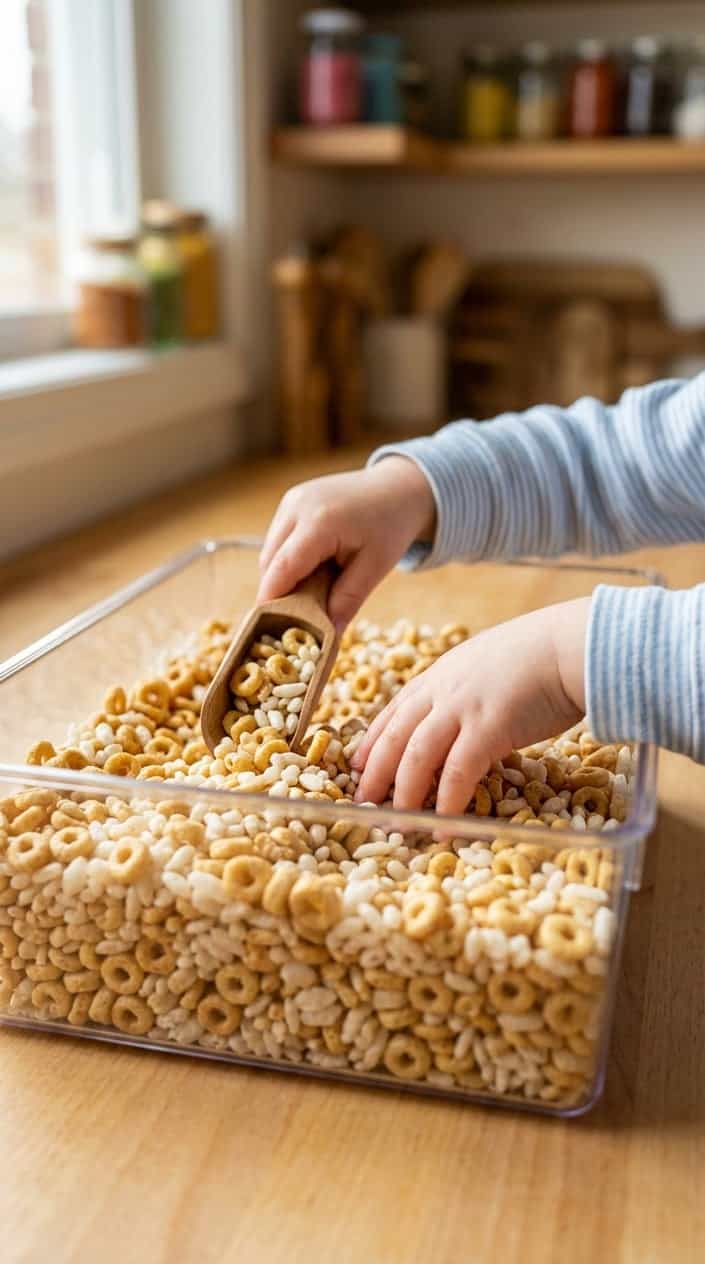 A clear sensory bin filled with a mix of Cheerios and Rice Krispies cereal, with a child's hands sorting the cereal on a wooden surface.