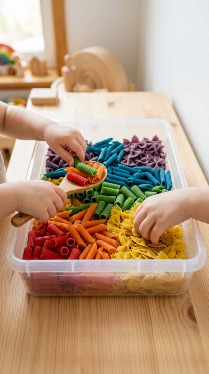 Hands scooping and sorting colorful dry pasta shapes arranged in a rainbow pattern inside a sensory bin on a wooden surface.