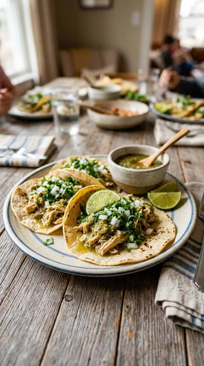 17 Crockpot Chicken Tacos and Bowls for Busy Families 4 Street-style chicken tacos topped with bright green salsa verde, diced white onion, and fresh cilantro on a wooden surface with lime wedges and a small bowl of salsa alongside.