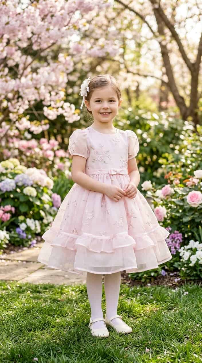 A young girl standing outside wearing a light pastel dress surrounded by spring flowers and greenery.