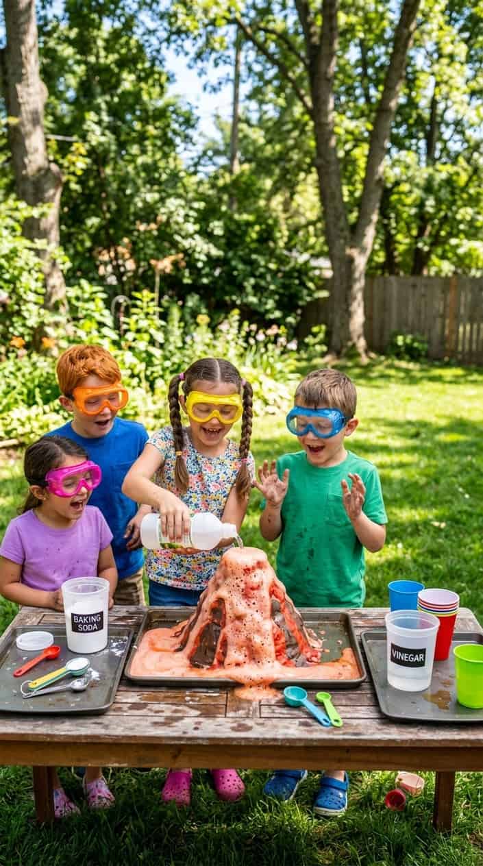Summer Activities for Kids Beyond Going Outside 12 Children outdoors making baking soda volcanoes erupt during a summer science activity.