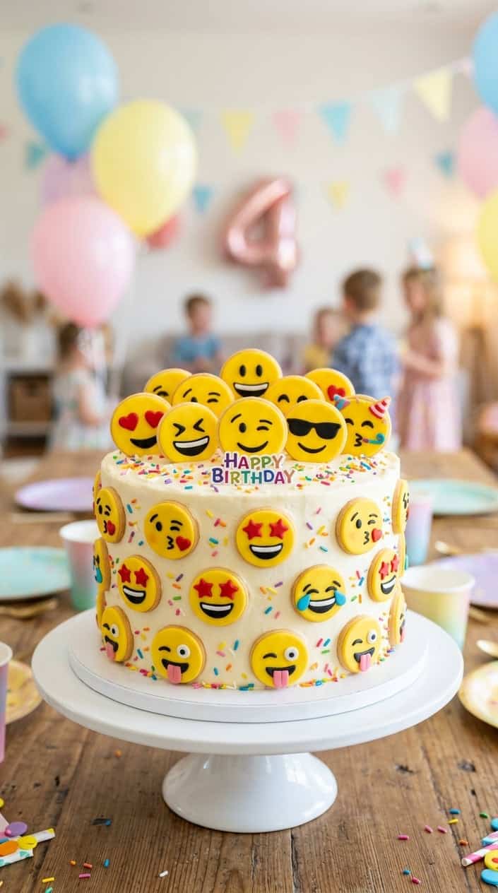 A birthday cake decorated with colorful emoji face cookies on a white cake stand.