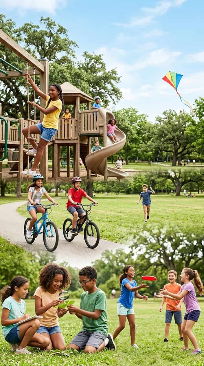 18 Kid-Friendly Outdoor Summer Activities for Tweens and Older Kids 23 A group of children exploring a sunny park on their own, one riding a bike, two climbing a low tree, one flying a kite with a long string trailing behind it.