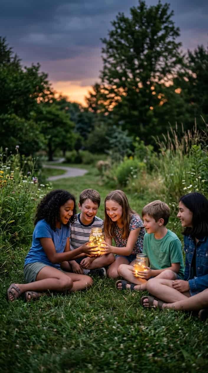 18 Kid-Friendly Outdoor Summer Activities for Tweens and Older Kids 21 Two children sitting in dewy grass at dusk, each holding a wide-mouth mason jar with punched lid, soft yellow-green firefly light glowing from inside the jars.