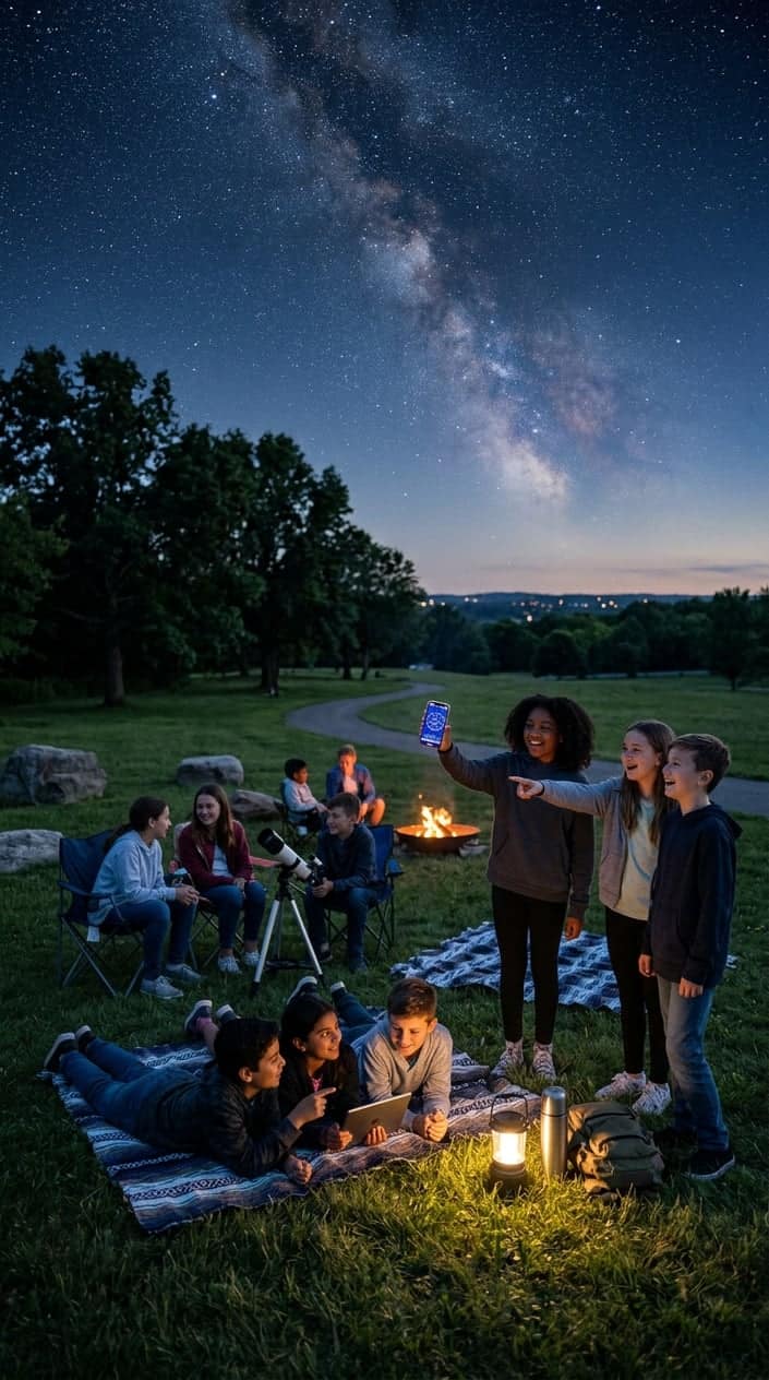 A group of children sitting outdoors at dusk, one holding a smartphone app up toward a darkening sky to identify stars and constellations.