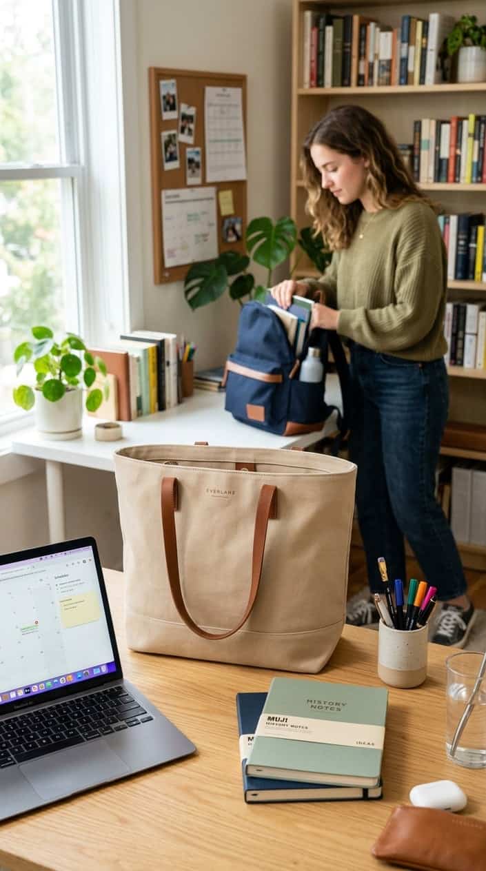 A beige Everlane Day Tote on a wooden desk with school supplies and a young adult preparing for school in the background.