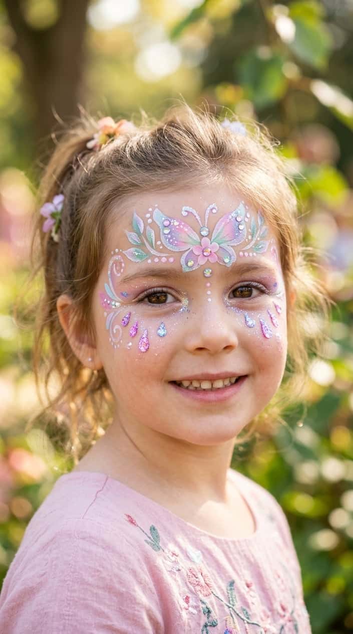 Close-up of a smiling child with glittery fairy tear drop face paint under their eyes.