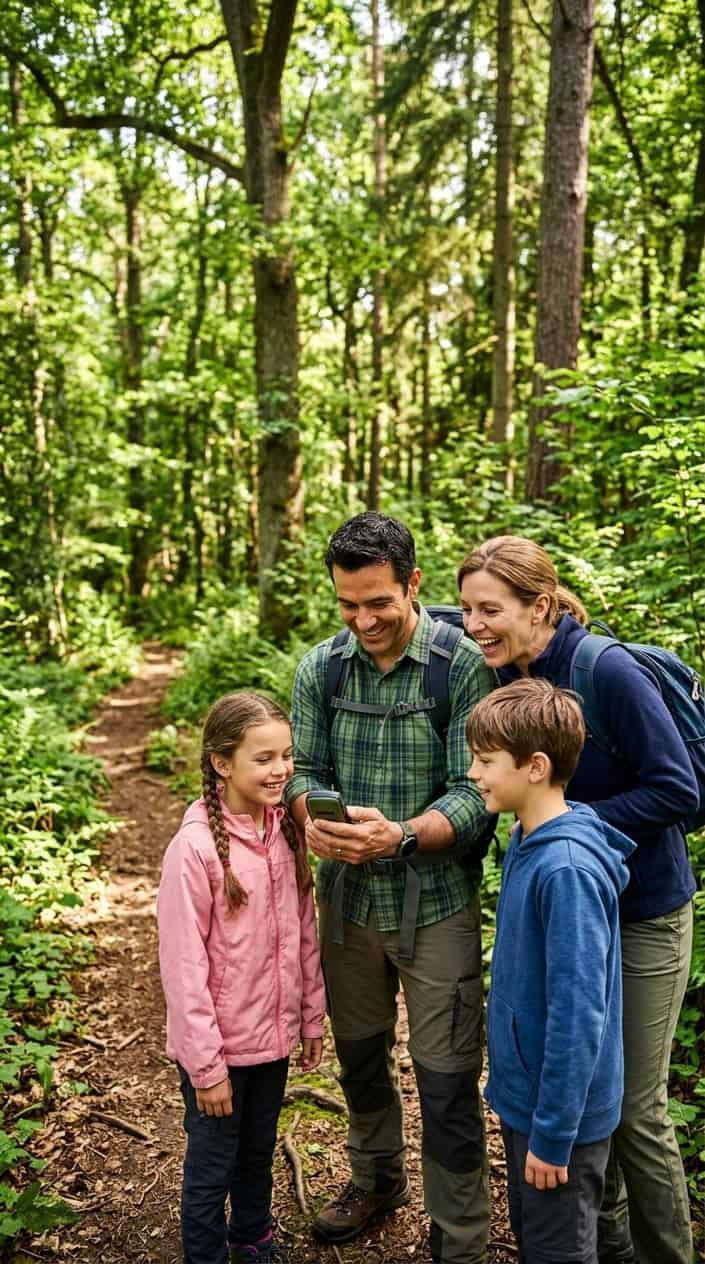 A family of four using a handheld GPS device while standing on a forest trail during a geocaching adventure.