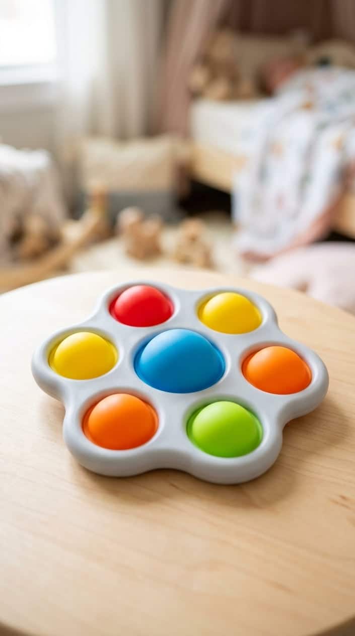 Close-up of a colorful silicone baby fidget toy with rounded buttons on a light surface.