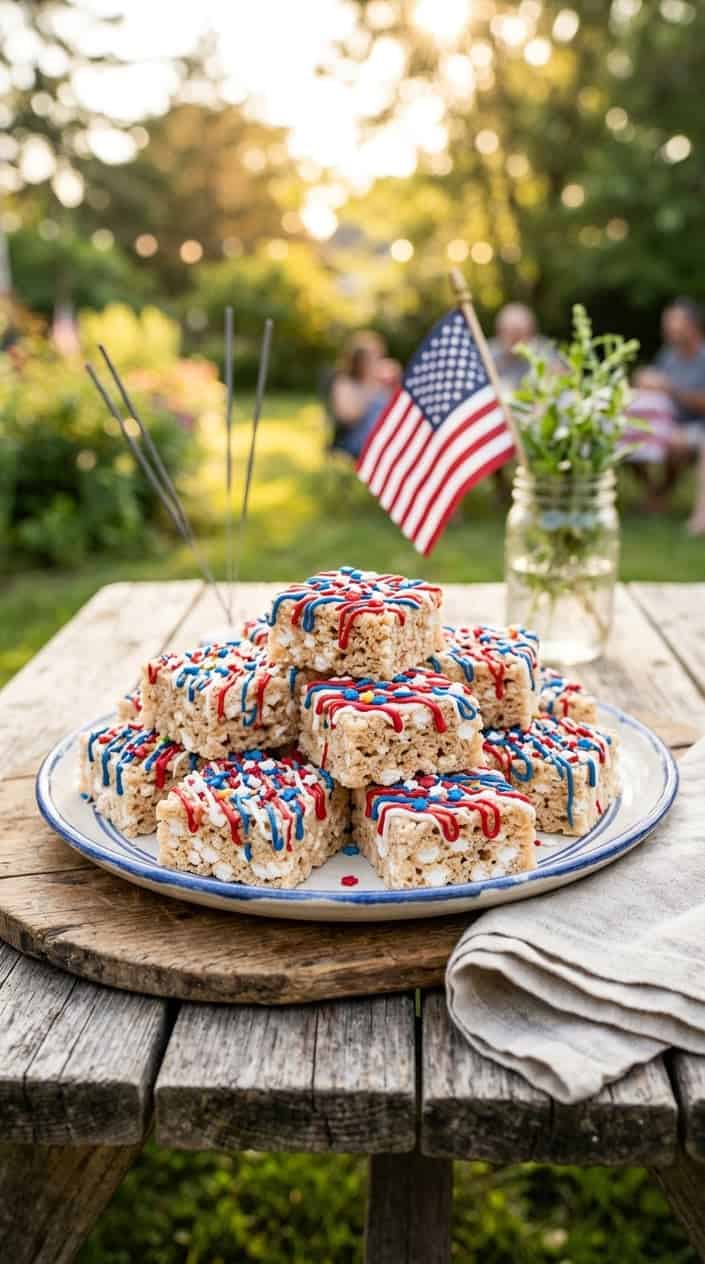 A plate of red, white, and blue drizzled Rice Krispie treats on a wooden table with small American flags and sparklers in the background.