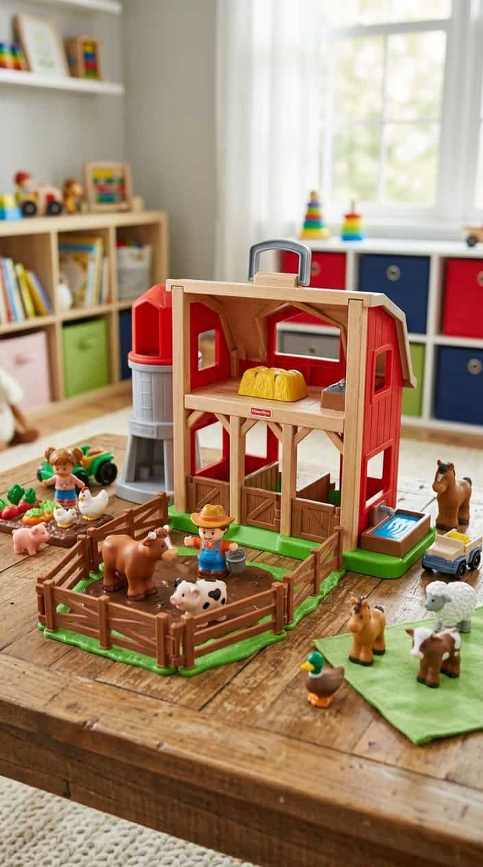 Children's Fisher-Price Little People farm toy set with animal and farmer figures arranged on a wooden surface.