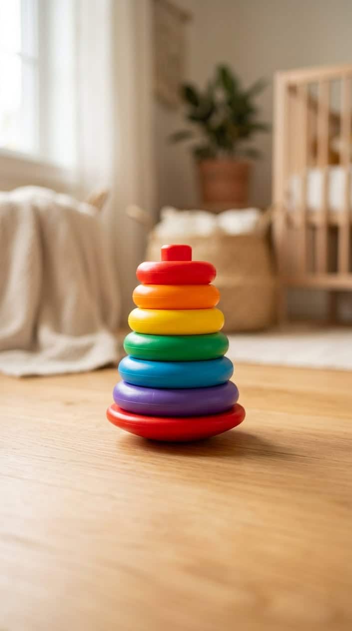 Classic Fisher-Price Rock-a-Stack baby toy with colorful rings stacked on a wooden surface in a softly lit nursery setting.
