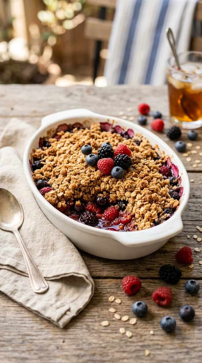 A freshly baked berry crisp with oat topping in a white baking dish on a wooden table, surrounded by scattered berries.