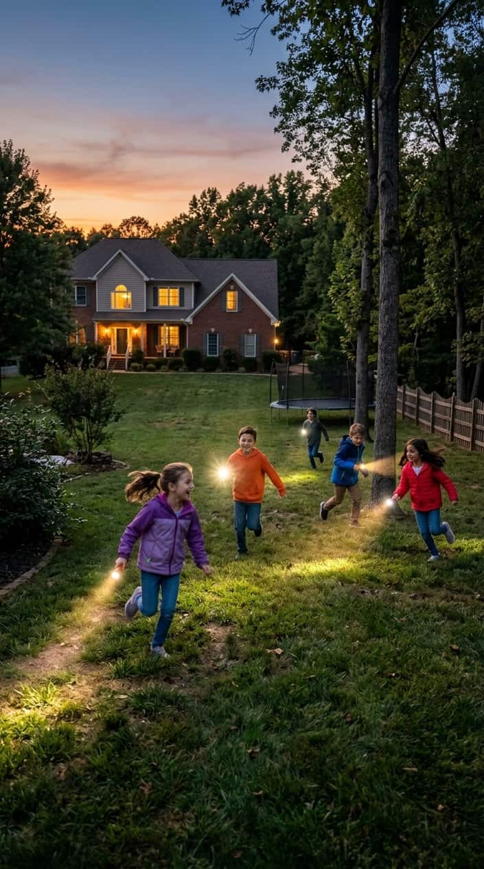 Children playing flashlight tag in a backyard at dusk, running and holding flashlights with trees and a house in the background.