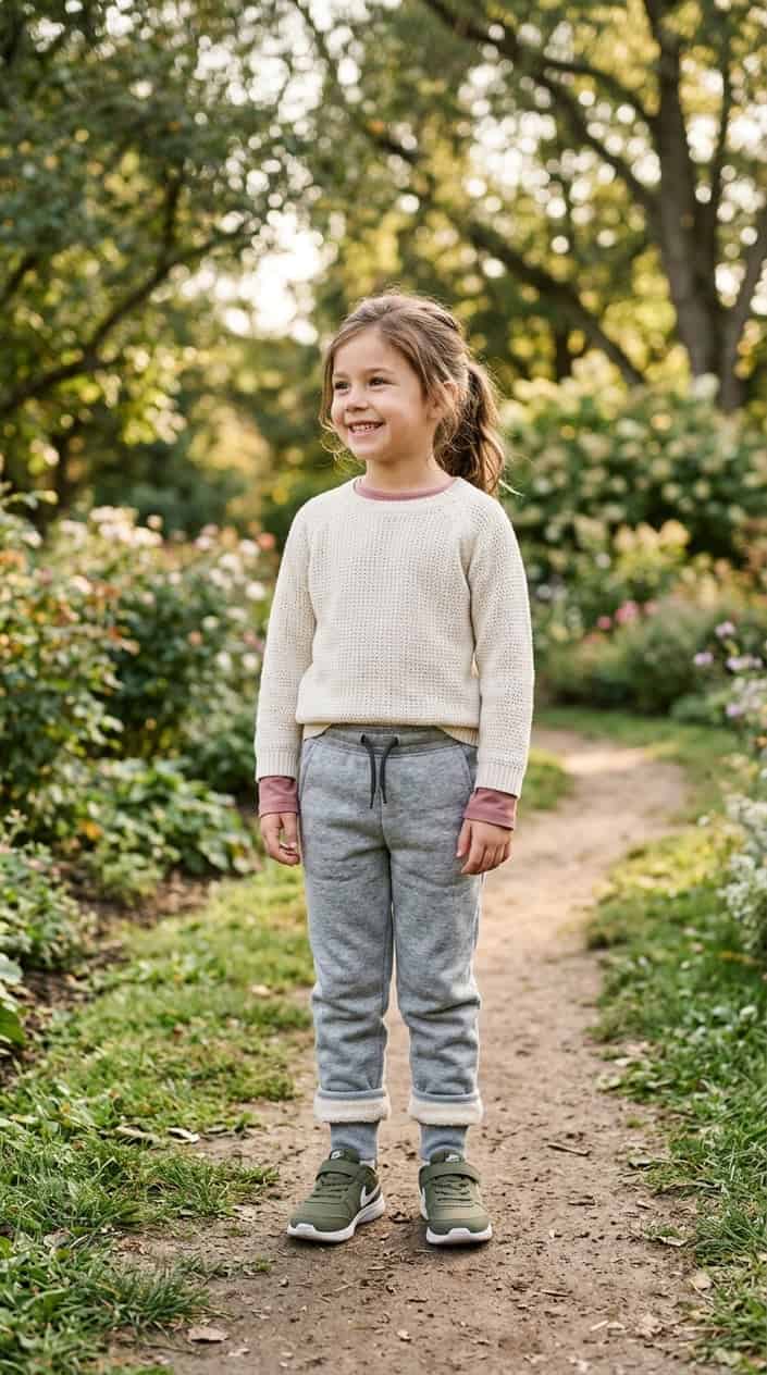 Little Girl Outfits She Won't Refuse to Wear 11 A young girl standing outdoors wearing fleece-lined joggers with ankle cuffs, smiling gently.