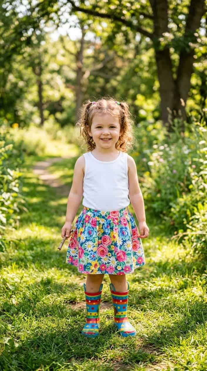 Easy Mix-and-Match Toddler Girl Summer Outfits 5 A toddler girl wearing a floral skirt, plain tank top, and colorful rain boots standing outside on a sunny day.