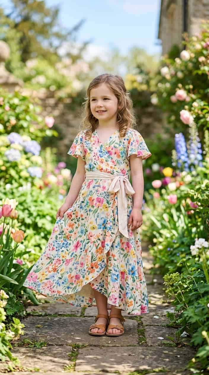A young child standing outdoors in a garden wearing a floral dress, smiling gently.