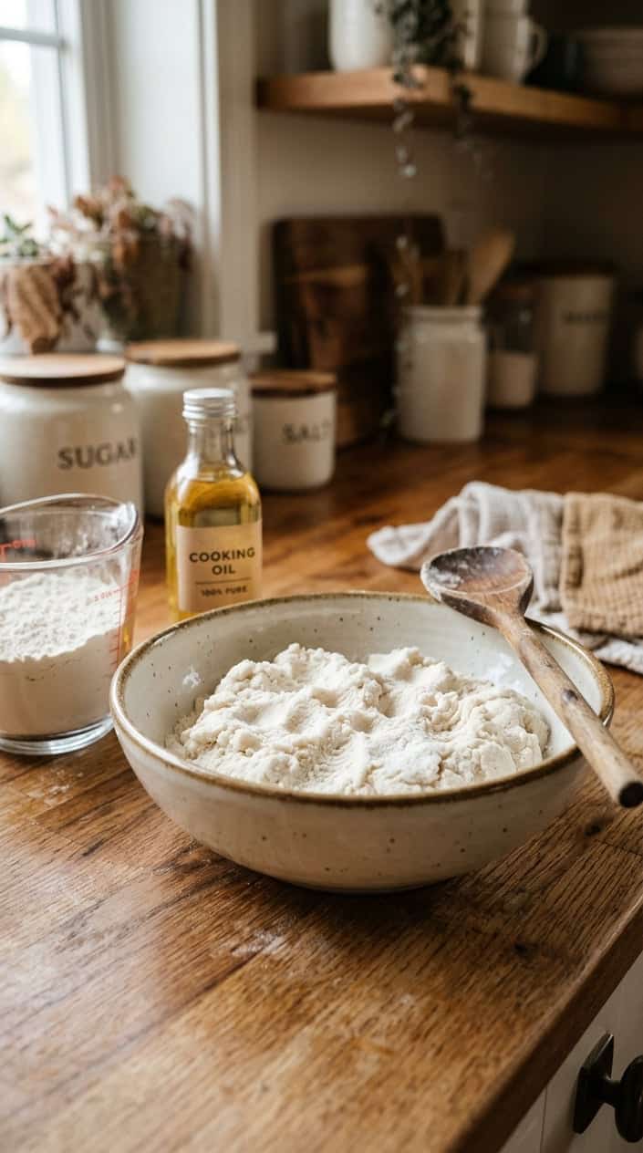 A bowl of soft, moldable flour moon dough on a kitchen counter with flour, cooking oil, and a wooden spoon nearby.