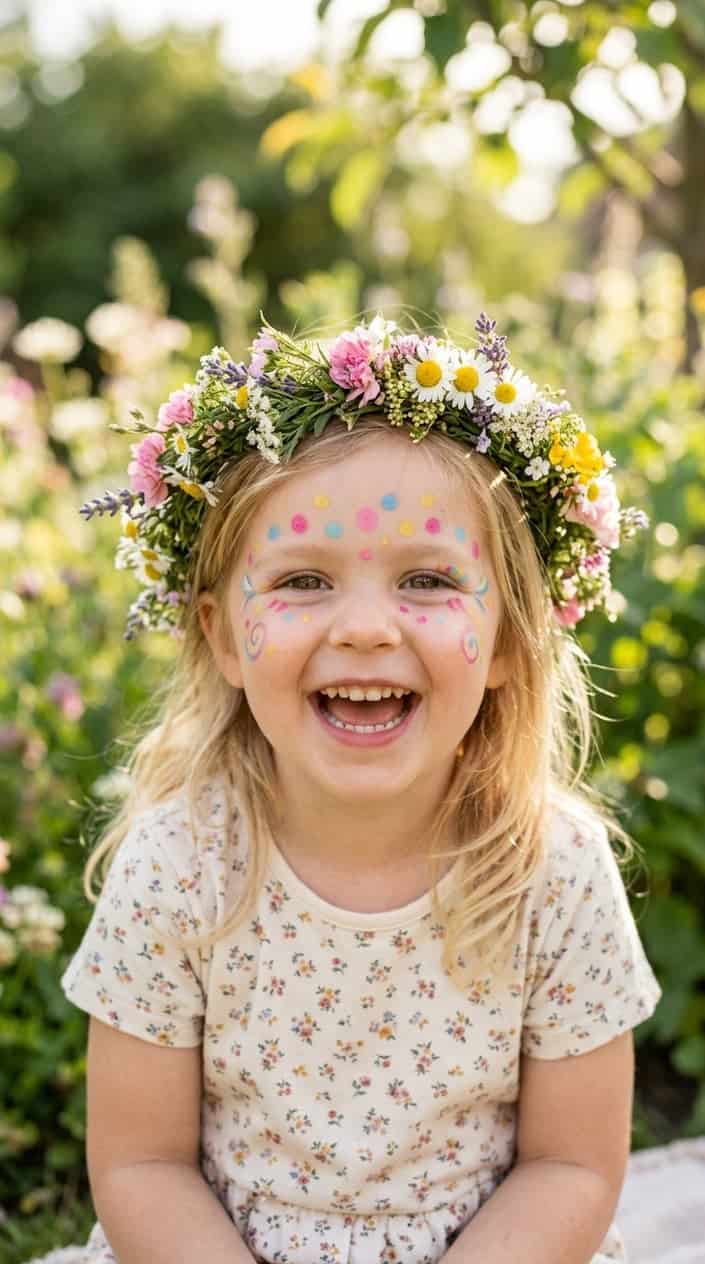 Simple Face Painting Ideas for Kids 9 A smiling child wearing a flower crown on their forehead with colorful face paint designs.