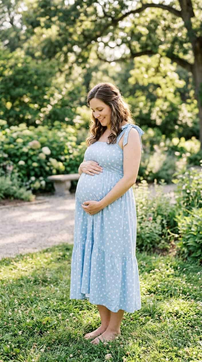 Pregnancy Outfits for a Hot Summer 9 Pregnant woman outdoors wearing a flowy sundress, gently holding her baby bump on a sunny summer day.